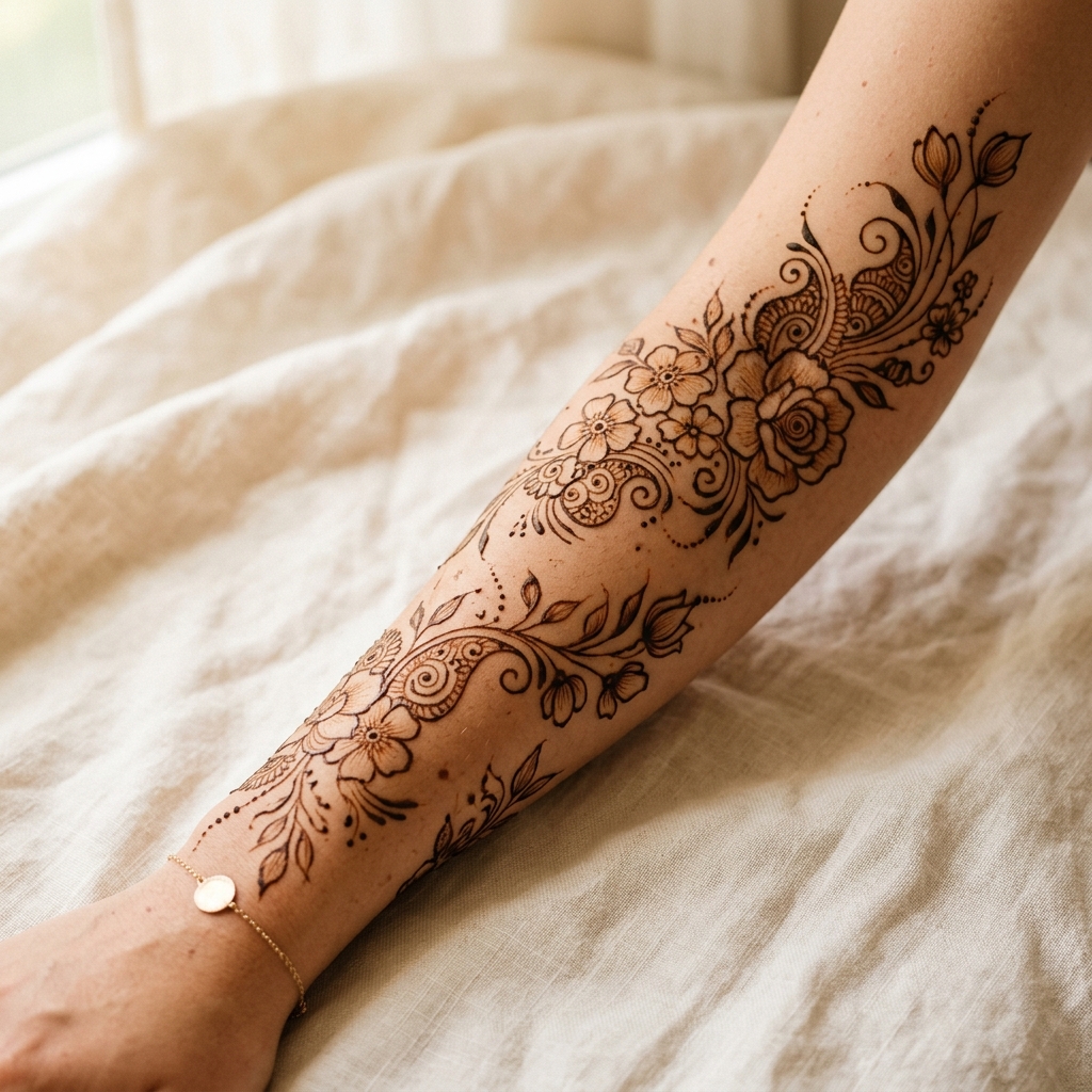 Traditional organic floral henna sleeve details