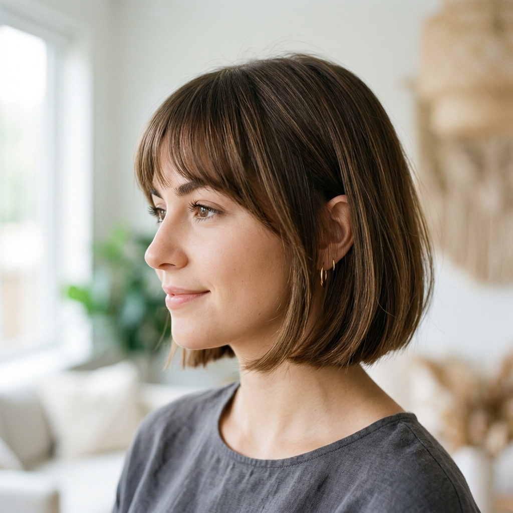 Blunt bob and fringe styling look