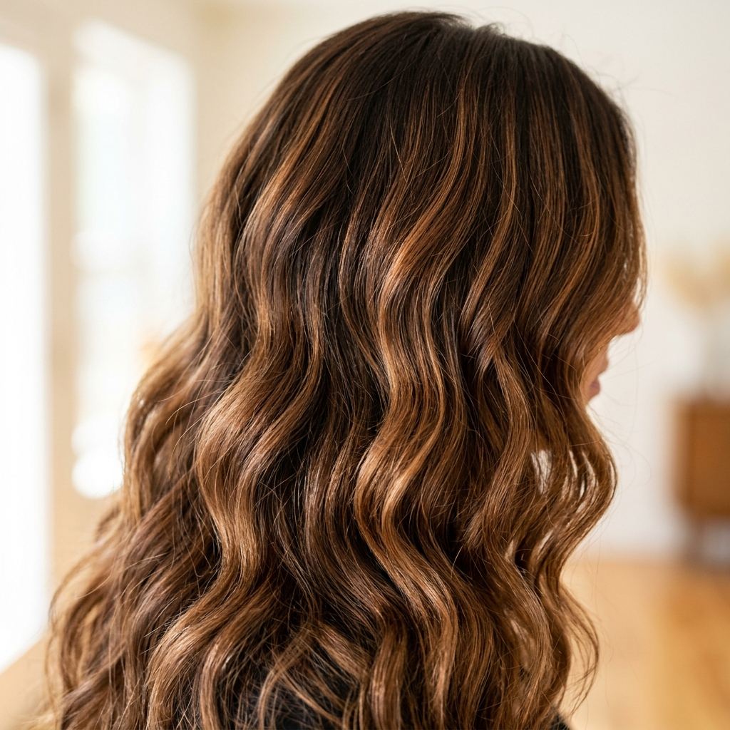 Brunette waves colored with warm caramel highlights